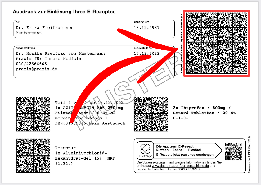 Musterbild des E-Rezept Tokens Musterbild des E-Rezept Ausdrucks