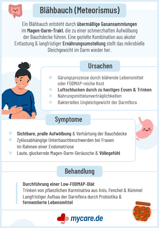 Infografik Blähbauch (Meteorismus): Ursachen, Symptome und Behandlung Infografik Blähbauch (Meteorismus): Ursachen, Symptome und Behandlung