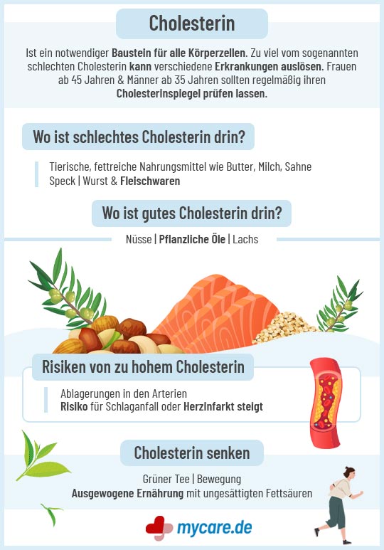 Infografik Cholesterin: Lebensmittel mit Cholesterin, Risiken und Cholesterin senken