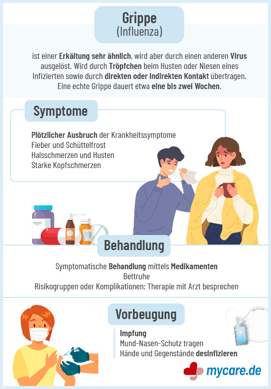 Infografik Grippe - Symptome, Behandlung und Vorbeugung