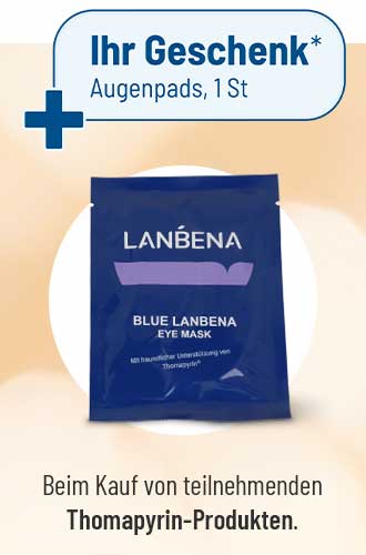 Gratis Lanbena Augenpads als Geschenk beim Kauf von teilnehmenden Thomapyrin-Produkten.