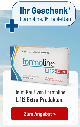 Eine Packung Formoline L 112 Extra steht vor hellem Hintergrund. Darüber ist ein blauer Kasten mit einem Pluszeichen und dem Hinweis auf ein Geschenk mit 16 Tabletten zu sehen. Unten befindet sich ein roter Button mit der Aufschrift „Zum Angebot“.