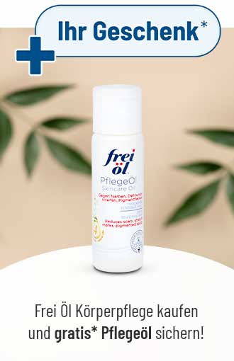 Werbegrafik: Gratis frei öl PflegeÖl als Geschenk beim Kauf von frei öl Körperpflegeprodukten, mit Produktabbildung.