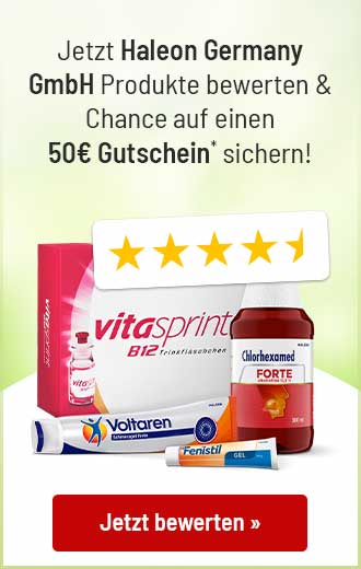 Haleon Germany Produkte bewerten für Chance auf 50€ Gutschein. Mit 4,5 Sternen. Button: Jetzt bewerten.