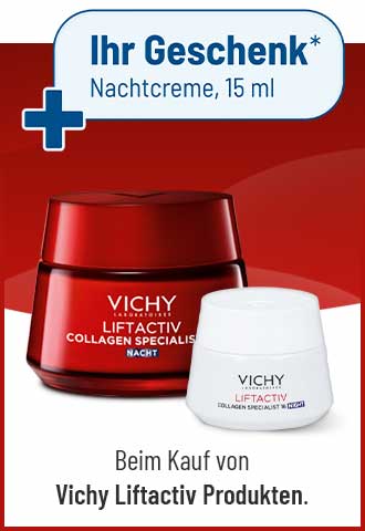 Werbegrafik fuer Vichy Liftactiv Produkte mit Nachtcreme 15 ml als Geschenk beim Kauf von Vichy Liftactiv Produkten