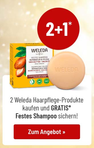 Weleda Aktion: Zwei Haarpflegeprodukte kaufen und ein festes Shampoo mit Sheabutter und Arganöl gratis erhalten. Vegane Naturkosmetik, ideal für trockenes Haar.
