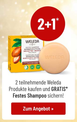 Weleda Aktion: Beim Kauf von zwei Weleda-Produkten gibt es ein festes Shampoo gratis dazu. Zu sehen ist das Weleda Feste Shampoo mit Sheabutter und Arganöl in plastikfreier Verpackung, reparierend und pflegend bei strapaziertem Haar.