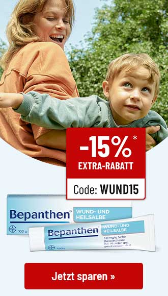Mutter mit Kind im Arm, Bepanthen Wund- und Heilsalbe und -15% Extra-Rabatt mit Code WUND15. Button: Jetzt sparen.