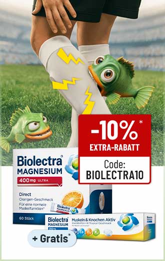 Fisch beißt Sportler in die Wade, Biolectra Magnesium Packungen, Hinweis + Gratis und -10% Extra-Rabatt mit Code BIOLECTRA10.