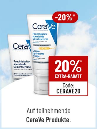 Zwei CeraVe Gesichtscremes mit -20% Extra-Rabatt bei Code CERAVE20 vor blauem Himmel mit Wolken.
