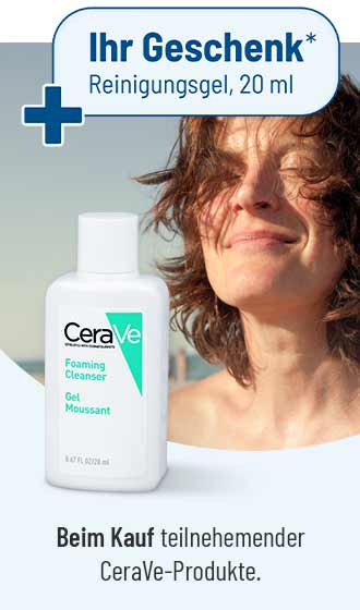 CeraVe Reinigungsgel mit Hinweis Ihr Geschenk* Reinigungsgel, 20 ml und Frau im Sonnenschein bei CeraVe-Kauf.