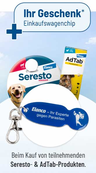Gratis Einkaufswagenchip beim Kauf von Seresto Halsband und AdTab Kautabletten für Hunde und Katzen, mit Produktabbildungen und blauem Schlüsselanhänger.