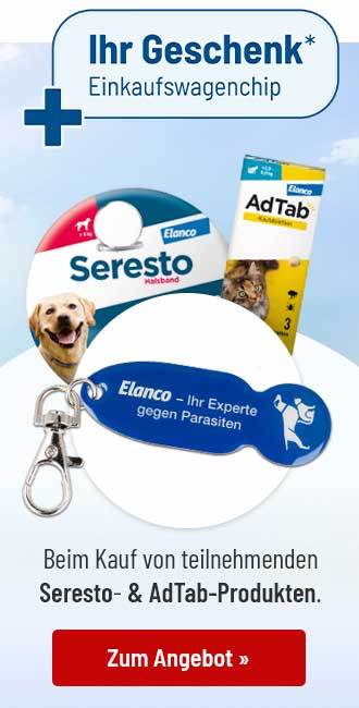 Gratis Einkaufswagenchip beim Kauf von Seresto Halsband und AdTab Kautabletten für Hunde und Katzen, mit Produktabbildungen und blauem Schlüsselanhänger.