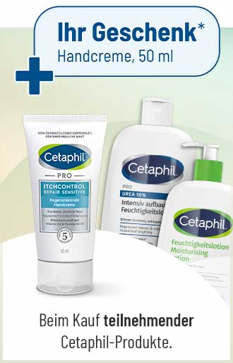 Werbegrafik fuer Cetaphil mit Handcreme 50 ml als Geschenk beim Kauf teilnehmender Cetaphil Produkte