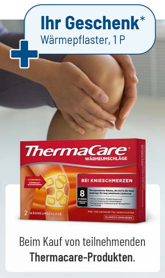 Thermacare Wärmepflaster bei Knieschmerzen: Produktverpackung mit 2 Wärmeumschlägen, davor Hände auf schmerzendes Knie gelegt. Hinweis auf Gratis-Wärmepflaster beim Kauf teilnehmender Thermacare-Produkte.