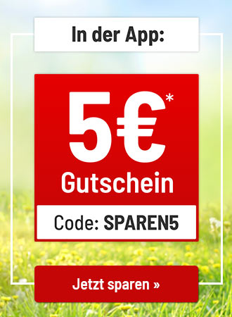 5€ Gutschein für die App mit Code SPAREN5 vor einer grünen Wiese.