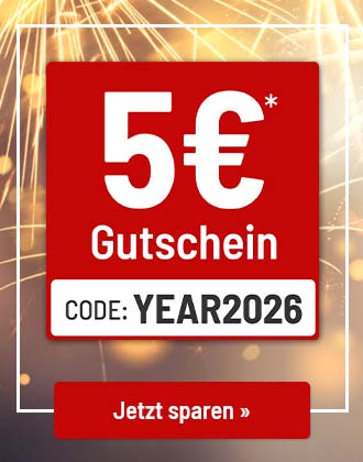 Roter 5-Euro-Gutschein mit dem Rabattcode YEAR2026 vor festlichem Hintergrund.