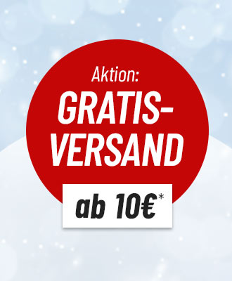 Rote Kreisgrafik mit Text ‚Aktion: Gratis Versand ab 10 €‘ vor winterlichem Hintergrund.
