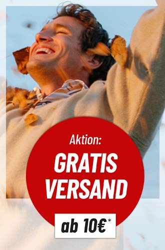 Werbeanzeige mit Aktion Gratis Versand ab 10 Euro und lachendem Mann mit Herbstblaettern.