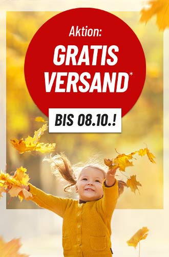 Kleines Mädchen wirft mit Herbstlaub. Zusätzlich erfolgt ein Hinweis auf die Aktion Gratis Versand*.