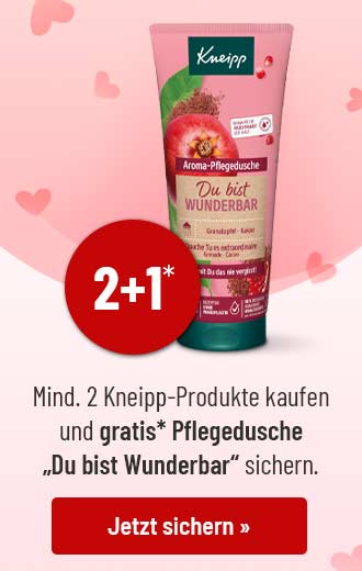 Kneipp 2+1 Aktion: 2 Produkte kaufen, Gratis-Pflegedusche „Du bist Wunderbar“ sichern. Button: Jetzt sichern.