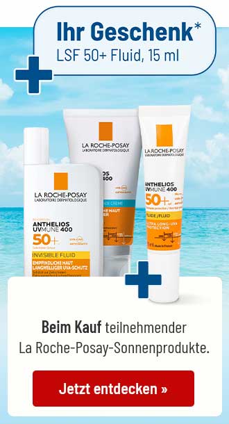 La Roche-Posay Anthelios Sonnenpflege mit Hinweis Ihr Geschenk* LSF 50+ Fluid 15 ml am Meer; Button: Jetzt entdecken.