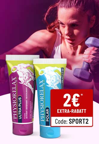 Frau beim Sport mit Hantel und zwei Tuben Physiorelax Creme, 2€ Extra-Rabatt mit Code SPORT2.