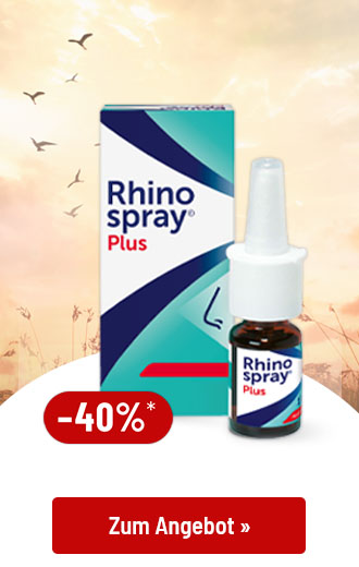 Rhinospray Plus Nasenspray mit -40% Rabatt vor einem Abendhimmel mit fliegenden Vögeln. Button: Zum Angebot.
