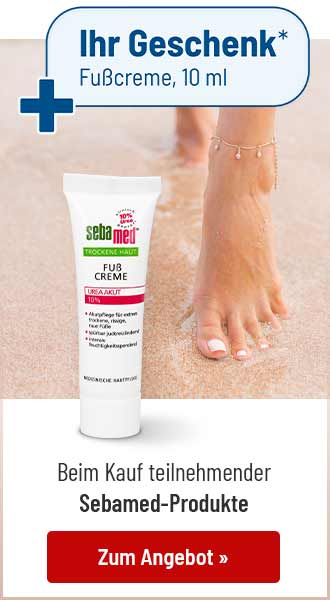 Sebamed Fußcreme mit Hinweis Ihr Geschenk* Fußcreme, 10 ml bei Sebamed-Kauf am Sandstrand; Button: Zum Angebot.