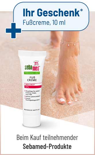 Sebamed Fußcreme mit Hinweis Ihr Geschenk* Fußcreme, 10 ml beim Kauf teilnehmender Sebamed-Produkte am Sandstrand.