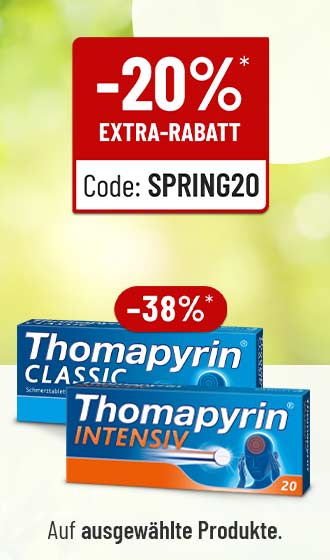 Thomapyrin Classic und Thomapyrin Intensiv Schmerztabletten mit bis zu 38 % Rabatt und 20 % Extra-Rabatt, Code SPRING20