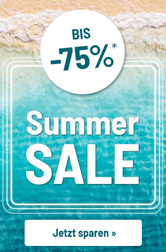 Werbeanzeige für den Summer Sale mit bis zu 75 % Rabatt und Schaltfläche Jetzt sparen vor einer Strandkulisse.