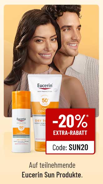Mann und Frau lächeln neben Eucerin Sun Produkten. Text: -20% Extra-Rabatt mit Code SUN20 auf teilnehmende Produkte.