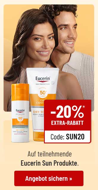 Eucerin Sun Produkte mit -20% Extra-Rabatt bei Code SUN20 und ein lächelndes Paar. Button: Angebot sichern.