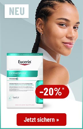 Werbeanzeige fuer Eucerin DermoPure Clinical Probiom8 Routine-Set mit 20 Prozent Rabatt und Schaltflaeche Jetzt sichern neben einer Frau