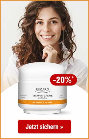 Rugard Vitamin-Creme mit -20% Rabatt und eine lächelnde Frau mit lockigem Haar. Button: Jetzt sichern.