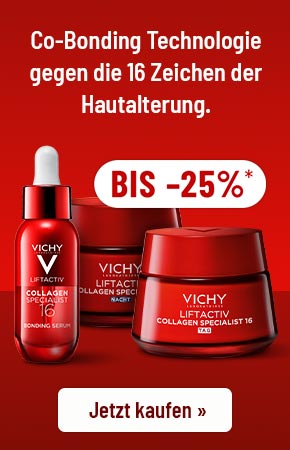 Vichy Liftactiv Collagen Specialist Produkte, weißes Feld mit bis -25% auf rotem Grund. Button: Jetzt kaufen.