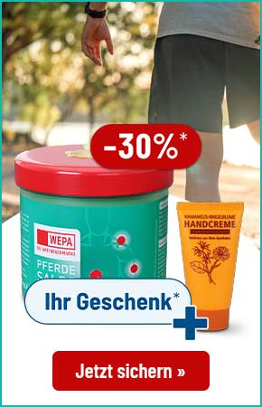WEPA Pferdesalbe mit -30% Rabatt plus Gratis-Handcreme als Geschenk. Roter Button: Jetzt sichern.