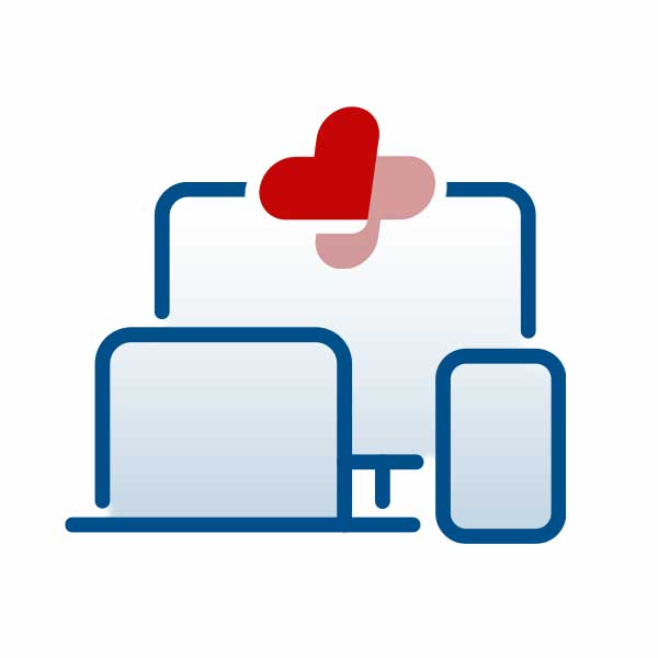 Webemaßnahmen bei mycare.de schalten Icon mit Laptop und Smartphone, verbunden durch Linien und Herzsymbol, steht für digitale Gesundheitsservices