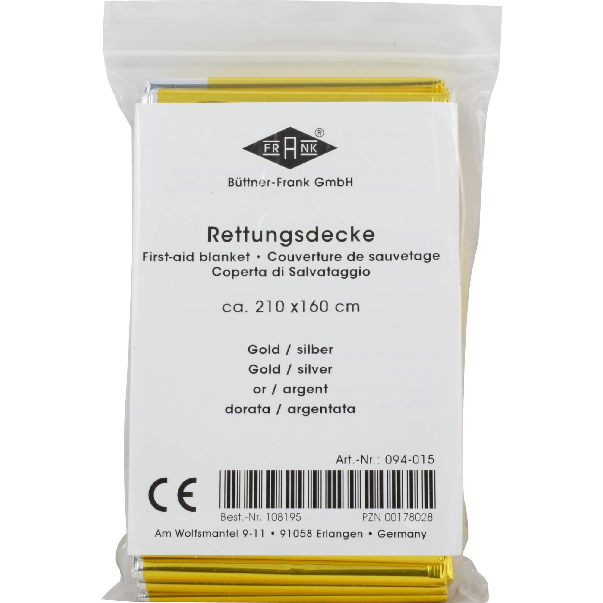 Rettungsdecke KFZ 160x210 cm gold silber